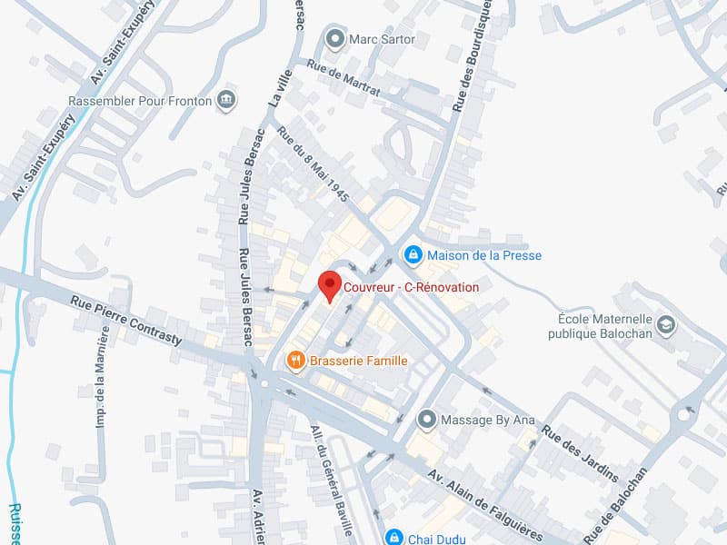 Carte Proximité Couvreur - C-Rénovation, Rue Jules Bersac Carte centrée sur Couvreur - C-Rénovation, près de Rue Jules Bersac et Brasserie Famille. Autres lieux : Maison de la Presse, École Maternelle publique Baloc