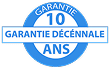 Logo circulaire bleu et blanc indiquant une GARANTIE 10 ANS et GARANTIE DÉCENNALE pour un produit ou service.